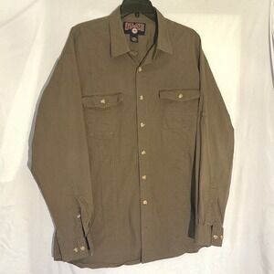 Duluth Trading Co Mens Large Tall Olive Drab Cotton Roll Tab Utility Work Shirt